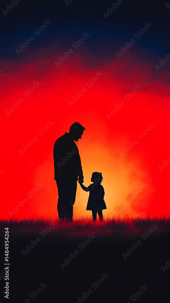 Fototapeta premium Silhouette of a father and daughter holding hands against a vibrant red sunset, conveying a sense of love, protection, and shared moment