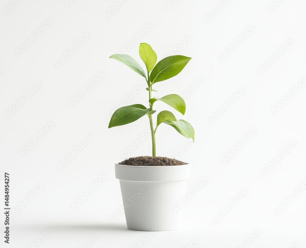 A vibrant green seedling thrives in a small white pot, set against a stark white background A vibrant green seedling thrives in a small white pot, set against a stark white background