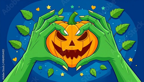 Wallpaper Mural Monster Pumpkin Heart Crush as zombie hands in a heart shape squeezing a Halloween jack o lantern as a creepy autumn or october seasonal horror character symbol. Torontodigital.ca