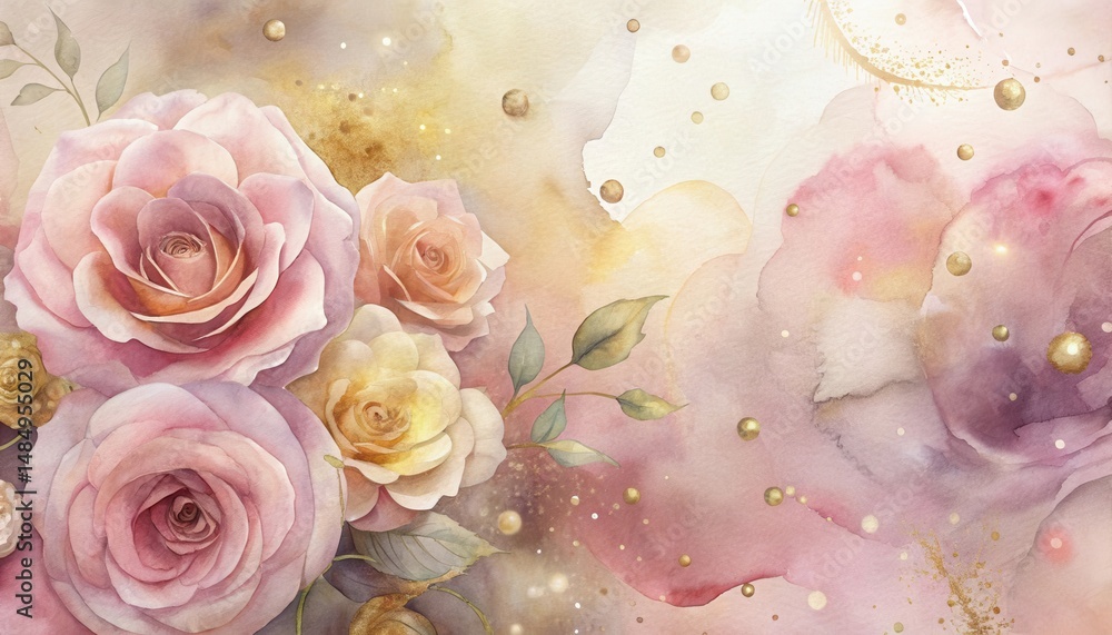 Fototapeta premium Soft watercolor roses and gold accents blend into delicate pastel shades, creating a dreamy, romantic floral scene.