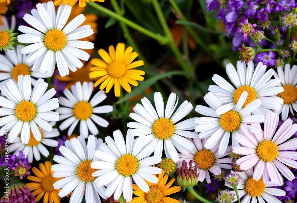 Fototapeta premium Chamomile & calendula blossoms encircle assorted hair-beneficial herbs, chamomile, home remedy