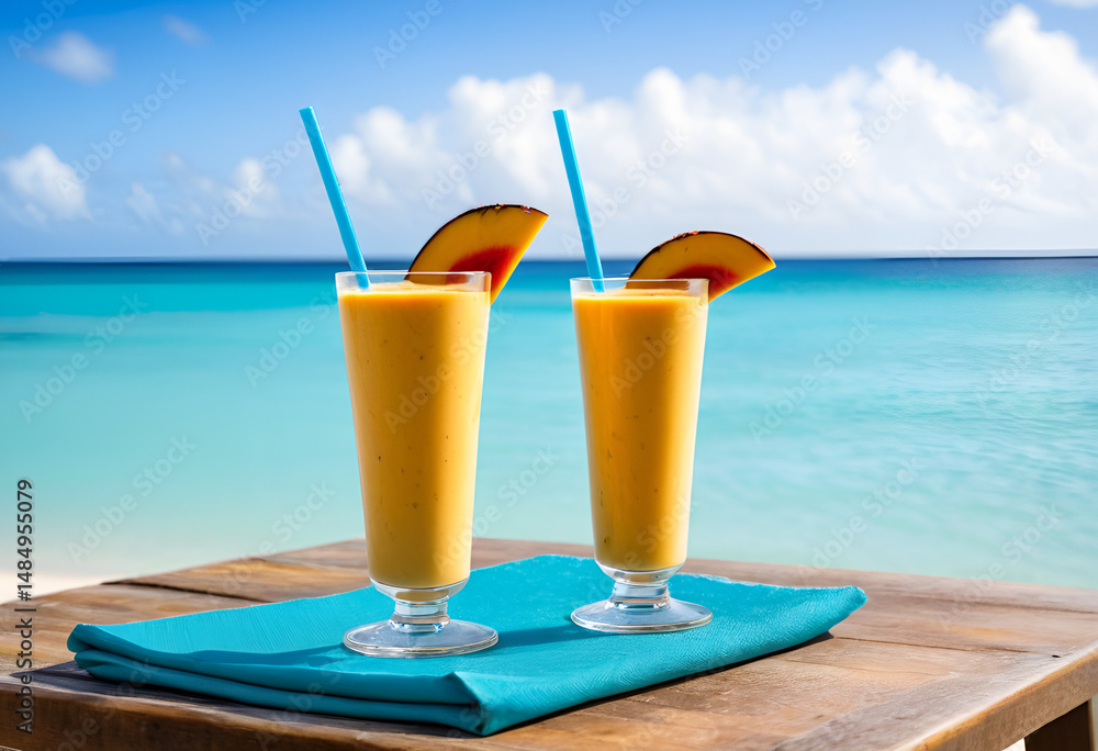 Obraz premium mango smoothie with mango slices at beach side