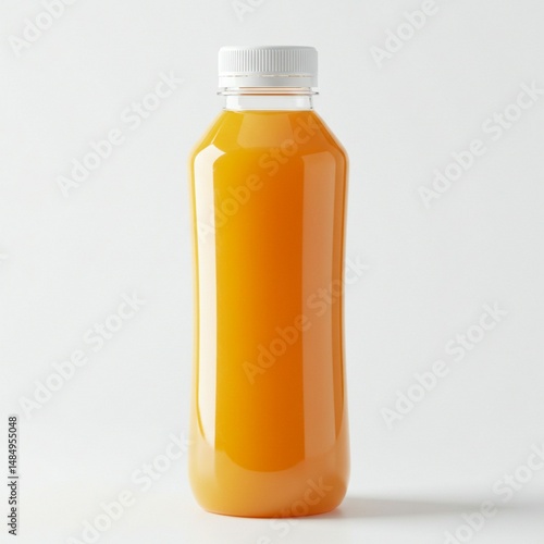 A glass medicine bottle and a plastic orange juice bottle, both isolated white containers with yellow and brown liquids, suggest health and food