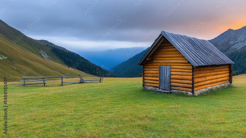 Serene Wooden Cabin in a Mountain Meadow at Sunset in Autumn Serene Wooden Cabin in a Mountain Meadow at Sunset in Autumn