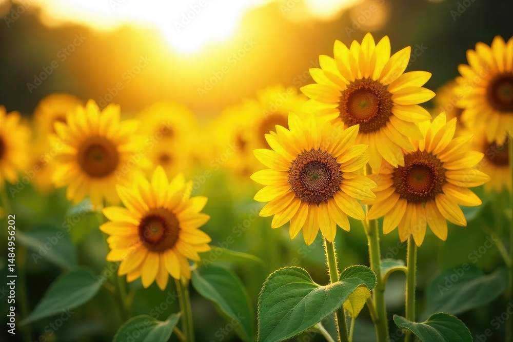 Fototapeta premium Vibrant sunflowers in a field, basking in the golden sunlight A breathtaking display of nature's beauty, perfect for summer themes and cheerful backgrounds , nature, composite