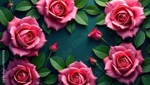 Intricate repeating rose blossoms, lush green leaves , fabric, floral