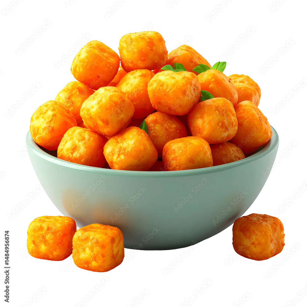Close up of golden orange snack balls in white bowl on dark background for food concept Close up of golden orange snack balls in white bowl on dark background for food concept
