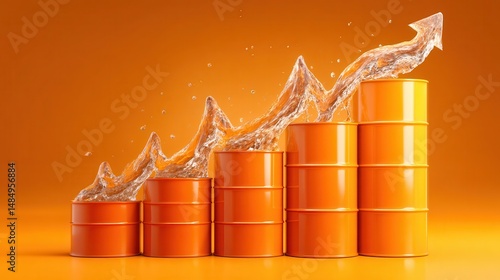 Black oil prices high jump Gold bars investment security wealth Graph showing growth with orange barrels and splashing water effect.