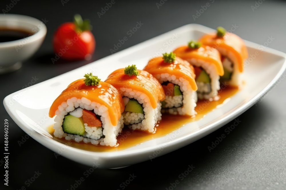 Variety of sushi rolls on white plate, soy sauce, wasabi, white background, culinary, east asian Variety of sushi rolls on white plate, soy sauce, wasabi, white background, culinary, east asian