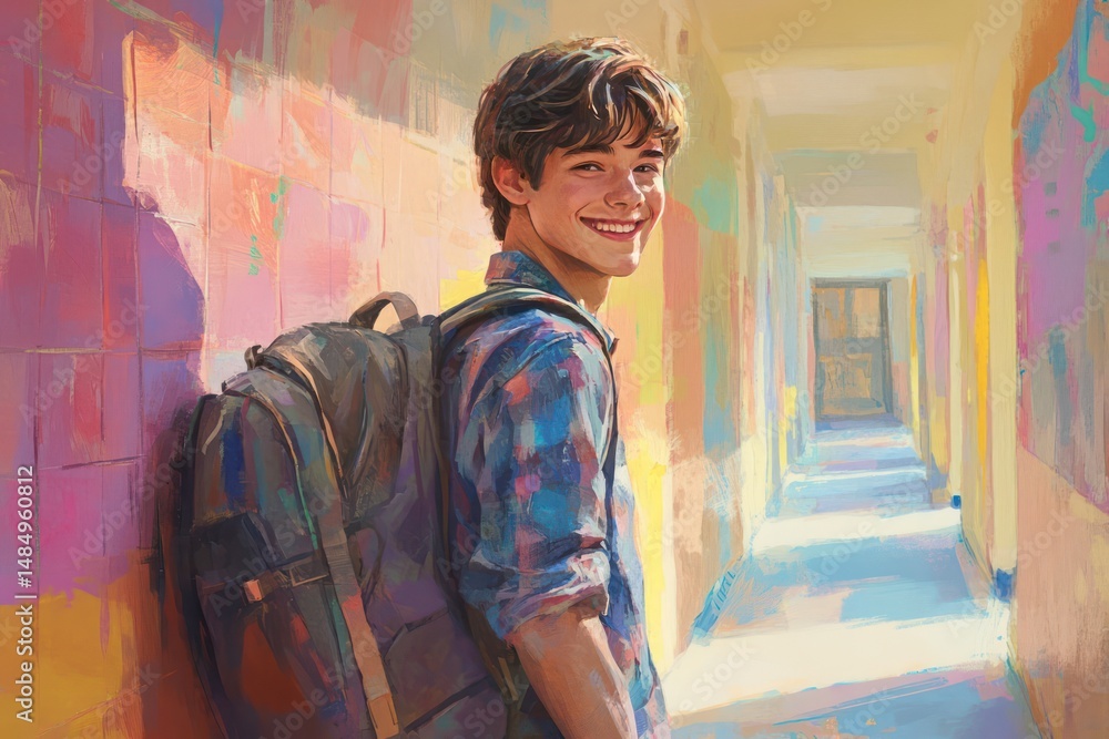 Obraz premium Smiling high school boy with backpack in bright corridor