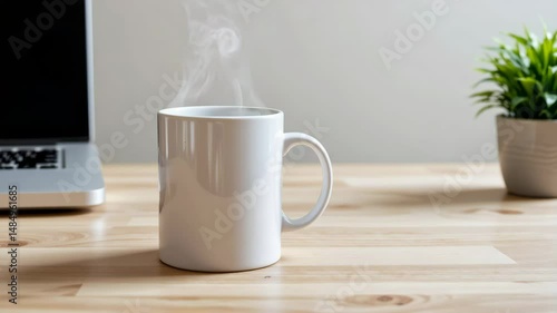 A steaming white coffee mug sits on a wooden desk next to a laptop and a small potted plant.