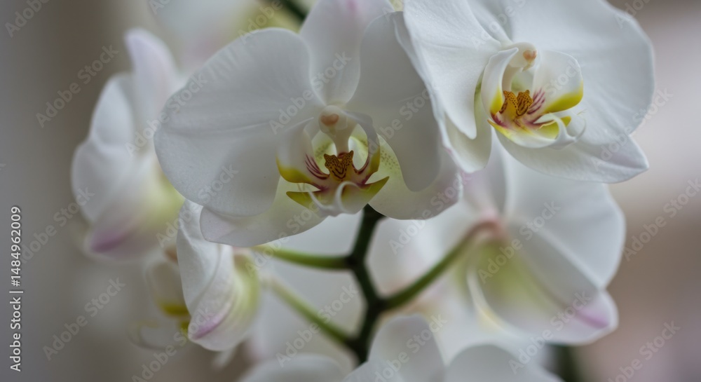 White orchid blossoms representing purity and elegance, with delicate petals and soft lighting White orchid blossoms representing purity and elegance, with delicate petals and soft lighting