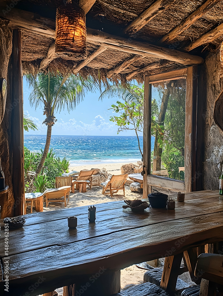 Fototapeta premium Rustic beachfront hut interior view, showing a wooden table, open doorway, and stunning ocean vista with palm trees, white sand beach, and blue sky