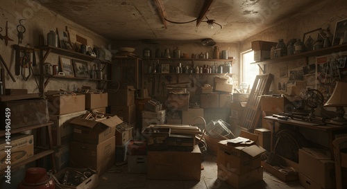 Cluttered Storage Room with Shelves and Boxes