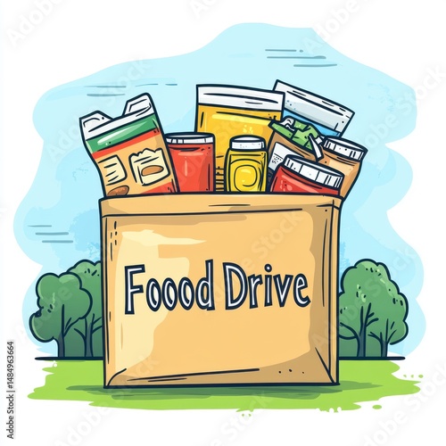 Food Drive Illustration Brown Paper Bag Filled with Groceries and Canned Goods