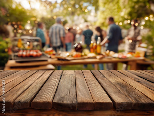 Wooden table top blurred outdoor gathering food drinks sunny day social event