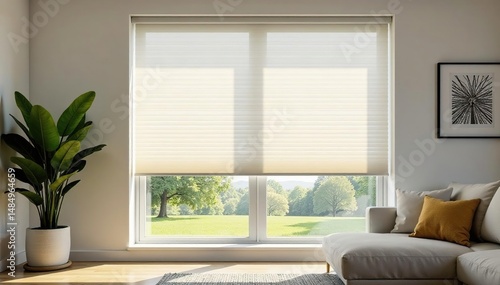 Modern cellular shade blinds on a window, letting in soft light , texture, window shade