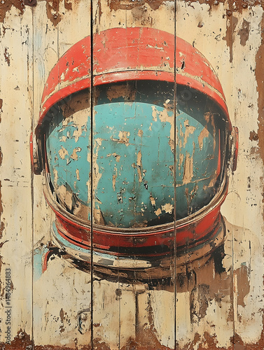 Weathered astronaut helmet on distressed wood background