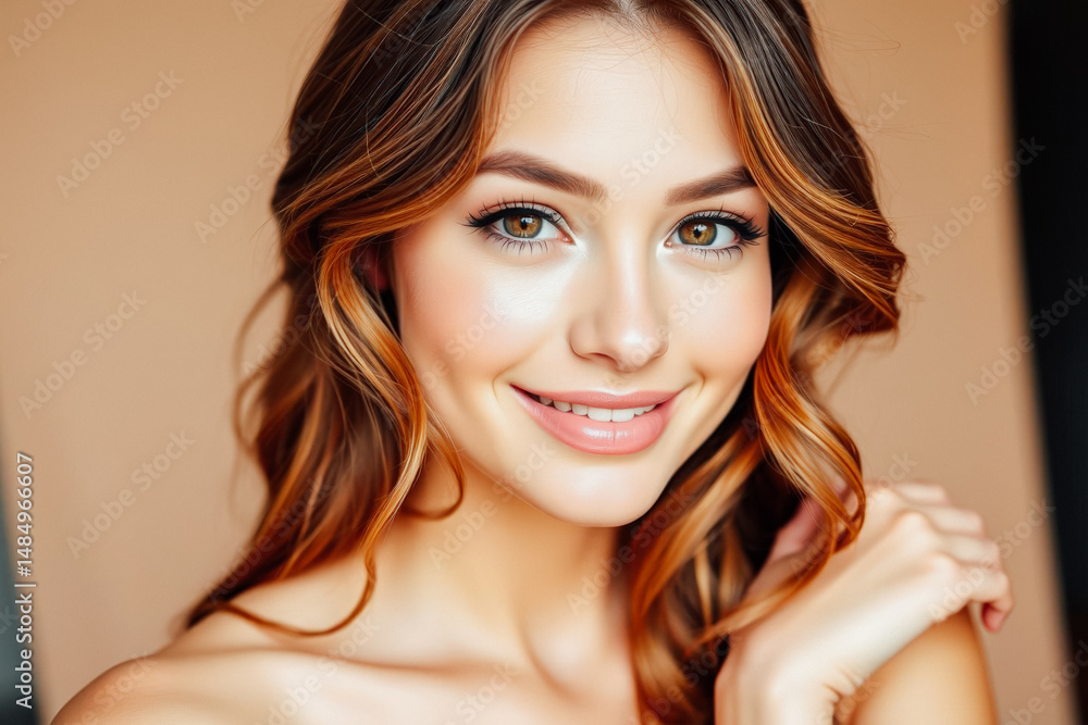 Fototapeta premium Radiant Woman with Gorgeous Hair and Makeup