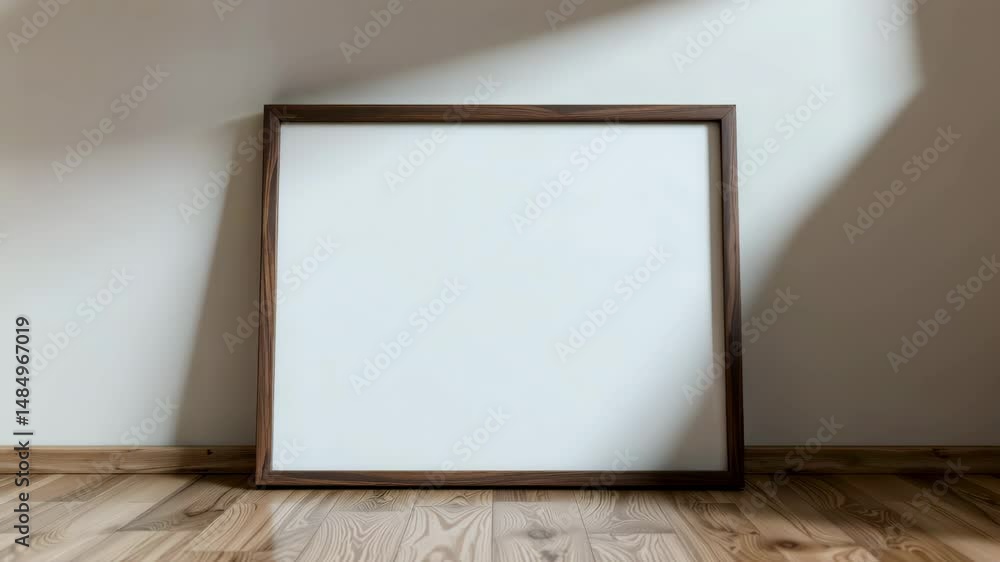 A large empty wooden picture frame rests against a white wall on a wooden floor in a minimalist room. A large empty wooden picture frame rests against a white wall on a wooden floor in a minimalist room.