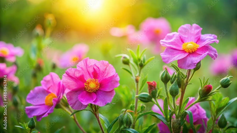 Vibrant pink Rockrose flowers in a lush green meadow, swaying gently in the breeze, with a subtle morning dew effect Vibrant pink Rockrose flowers in a lush green meadow, swaying gently in the breeze, with a subtle morning dew effect