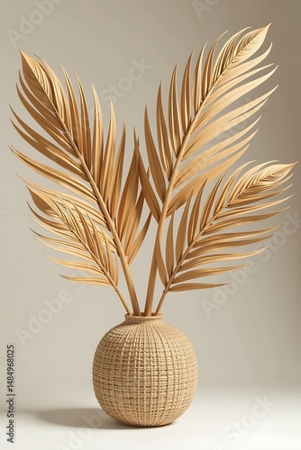 Dried Palm Fronds in Woven Vase: A Minimalist Interior Decor Still Life on Neutral Background in Soft Focus                                           
