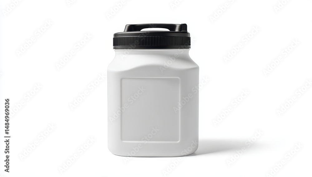 White plastic jar with black lid and label White plastic jar with black lid and label