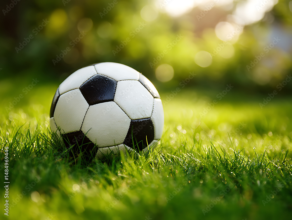 Fototapeta premium Traditional soccer ball resting on lush green grass field