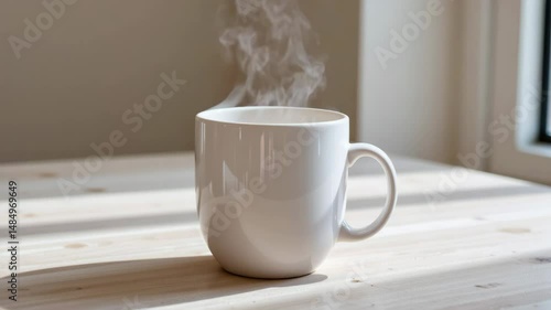 A steaming white mug sits on a sunlit wooden table near a window.