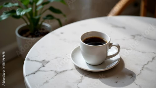 A cup of black coffee sits on a marble table beside a green potted plant in soft natural light.