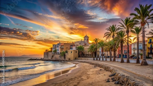 Fototapeta Naklejka Na Ścianę i Meble -  Sunset over the beach in Villajoyosa Coastal Town with old stone buildings and palm trees, Villajoyosa, Spain
