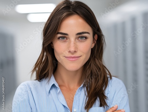 Confident young woman with brown hair wearing blue striped shirt poses positively in modern workspace radiating professionalism and warmth to inspire workplace collaboration Free Download Confident young woman with brown hair wearing blue striped shirt poses positively in modern workspace radiating professionalism and warmth to inspire workplace collaboration - GFXLoad