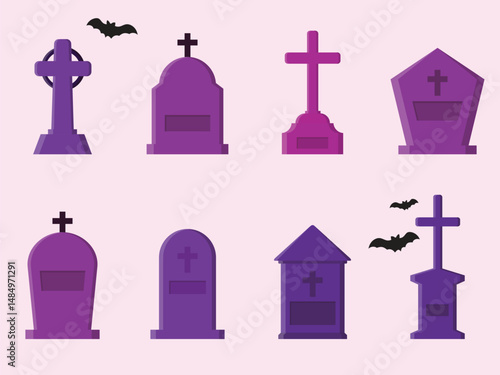 set of vector gravestones with RIP text, halloween theme, concept flat design
