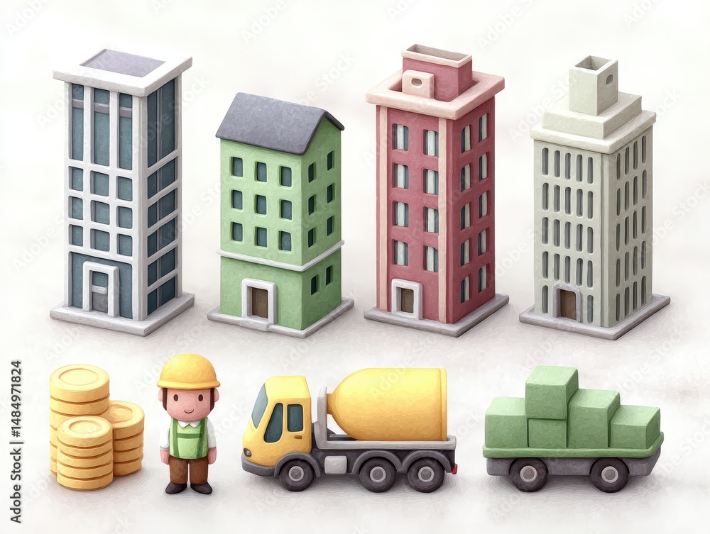 Construction site setup featuring colorful buildings a smiling worker in hard hat alongside construction equipment showcasing urban development and infrastructure growth within a creative Construction site setup featuring colorful buildings a smiling worker in hard hat alongside construction equipment showcasing urban development and infrastructure growth within a creative