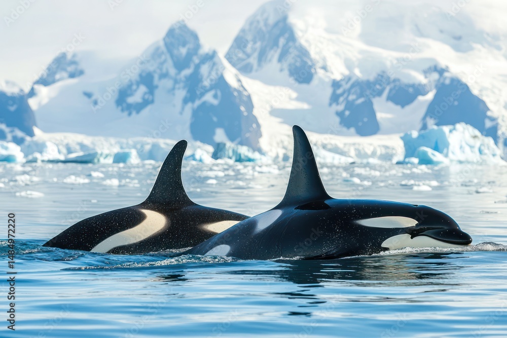 Fototapeta premium Orcas Swimming Through Icy Arctic Waters