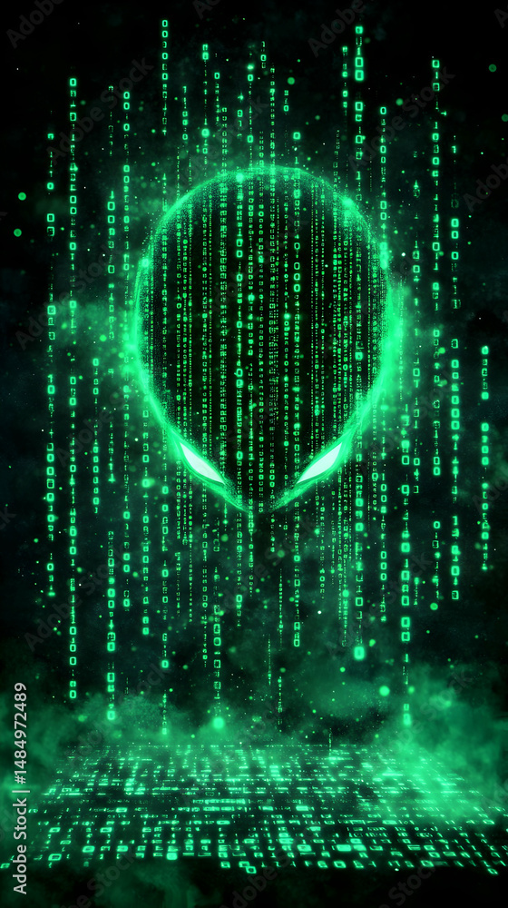 Fototapeta premium Glowing alien face formed by digital code, surrounded by cascading green data streams on a dark background