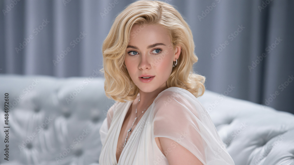 Naklejka premium Elegant blonde woman in a sheer dress portrait with studio lighting beauty fashion