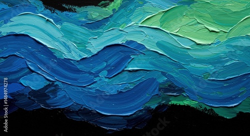 Abstract Painting with Blue and Green Wave Patterns on Black Background