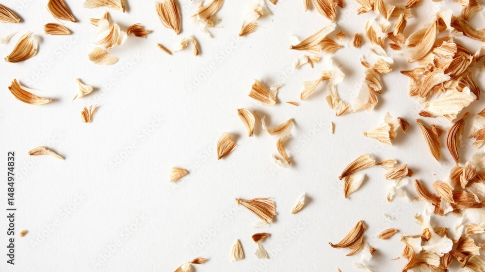 Fototapeta premium Dried Flower Petals Scattered on White Background: Minimalist Flatlay