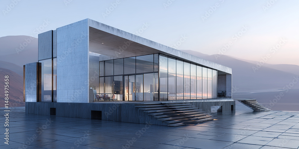 Obraz premium Modern Glass and Concrete House Atop Historic Building: Minimalist Rooftop Terrace with Mountain Vista. Empty Platform with Stairs, Blending Contemporary and Traditional Architecture for Cinematic Adv