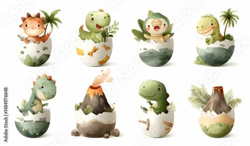 Fototapeta Naklejka Na Ścianę i Meble -  Cute cartoon baby dinosaurs hatching from eggs in a whimsical setting with volcanoes and greenery