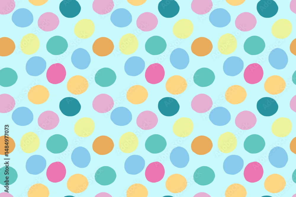 Beautiful seamless abstract polka dot pattern on blue background. Orange, yellow, blue, dark green, green and pink colors. For wallpaper, textiles, packaging, background, website. Beautiful seamless abstract polka dot pattern on blue background. Orange, yellow, blue, dark green, green and pink colors. For wallpaper, textiles, packaging, background, website.