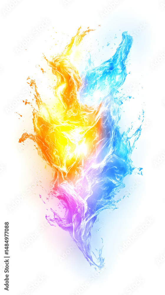 Fototapeta premium Abstract artwork depicting a vibrant, swirling fusion of warm orange-yellow and cool blue-purple liquid, resembling fire and ice intermingling, with splashes and energy radiating from the center