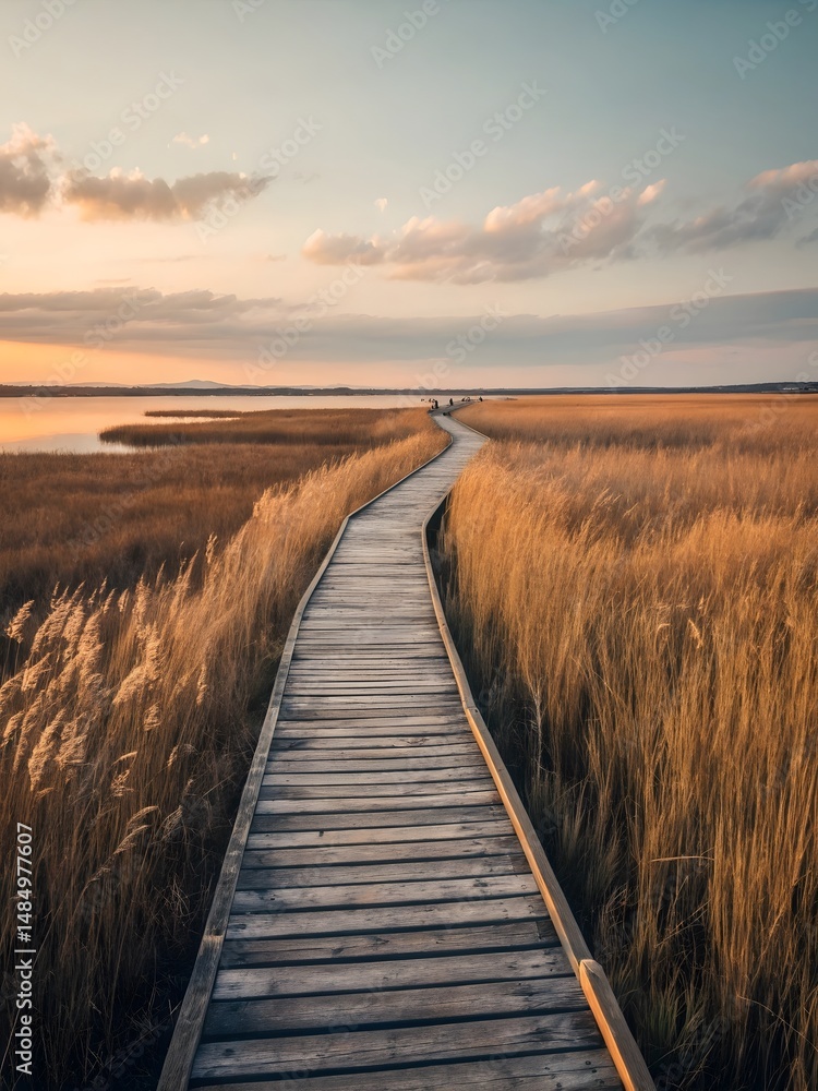 Fototapeta premium Wooden boardwalk through golden reeds landscape nature photography