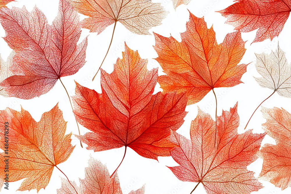 Vibrant red and orange autumn maple leaves are scattered on a pure white background creating a seasonal nature pattern element for your design, holiday card projects, and fall concepts Vibrant red and orange autumn maple leaves are scattered on a pure white background creating a seasonal nature pattern element for your design, holiday card projects, and fall concepts