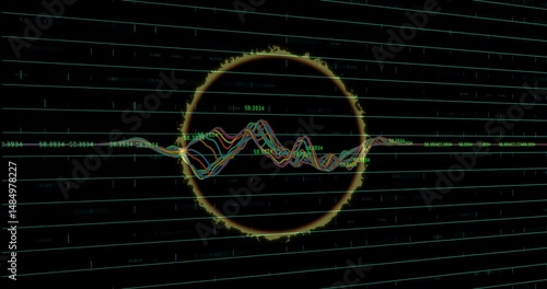 UI displaying glowing circular frame intersecting colorful waveform, showing neon grid and numbers