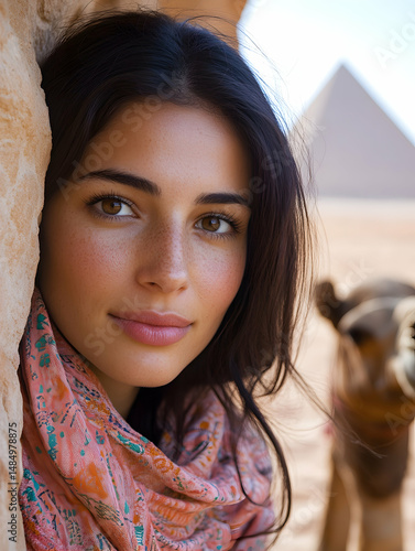 A young woman with tan skin and dark hair, wearing a peach scarf, leans against a sandstone structure.  A camel is subtly visible in the background, with pyramids under a bright sky