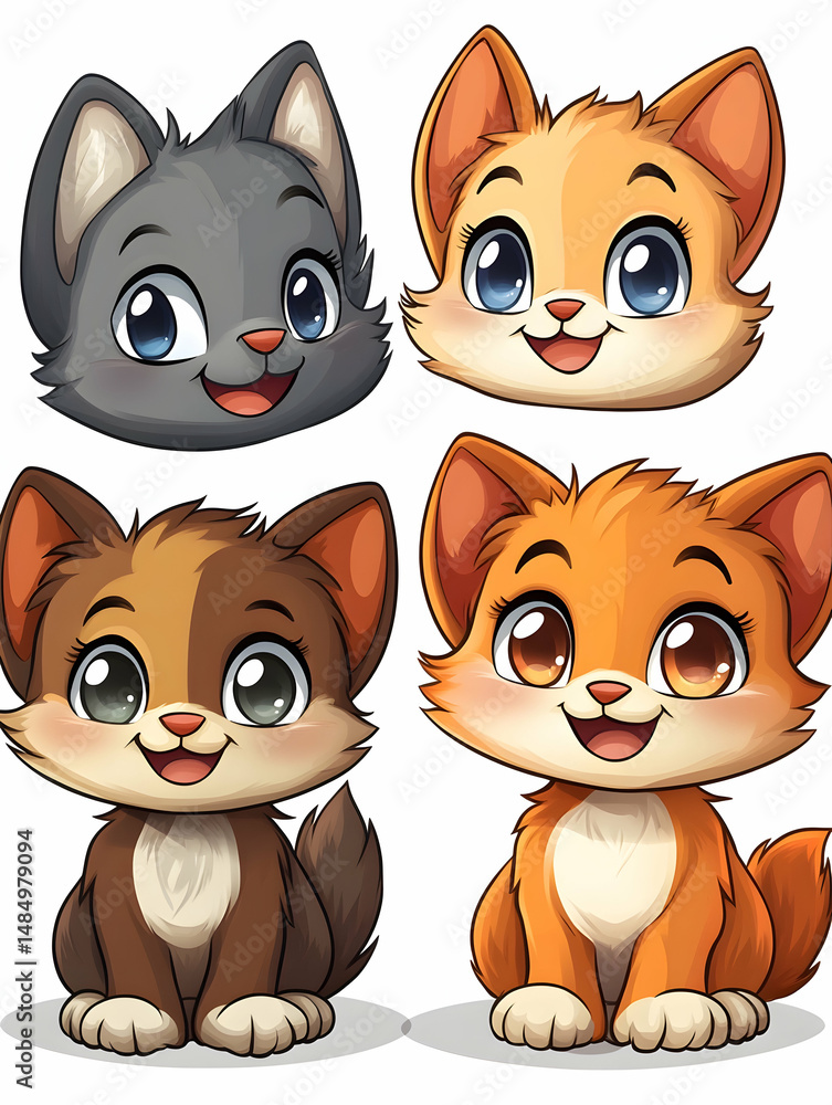 Obraz premium Four adorable cartoon kittens, two headshots and two full-body shots, in gray, orange, and brown hues, with large eyes and cheerful expressions, set against a white background
