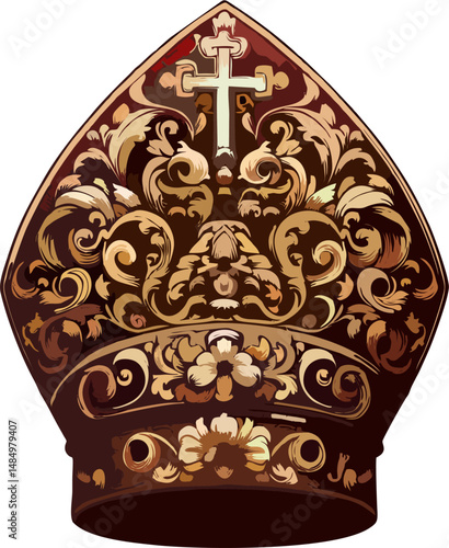 Luxurious Ornate Gold Bishop Mitre with Cross and Baroque Floral Design – Religious Headwear Vector Illustration