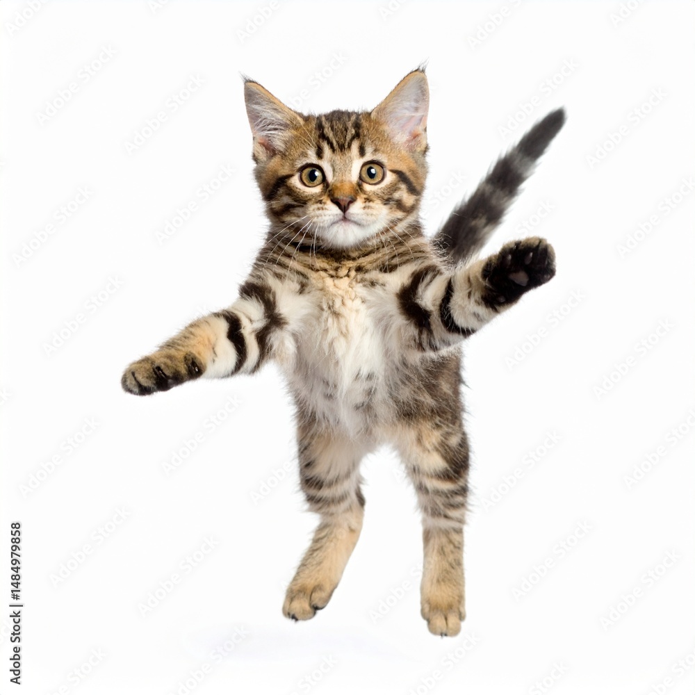 Obraz premium Cute jumping kitten, cat, isolated background.